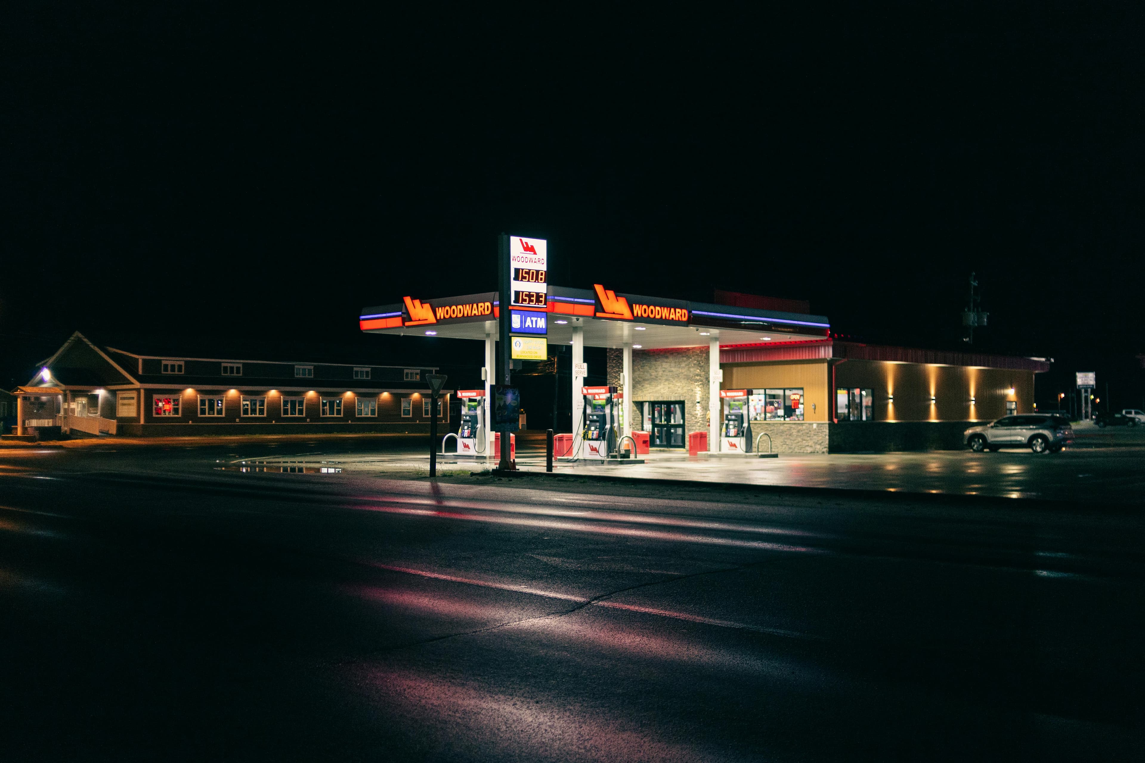 Woodward gas station at night