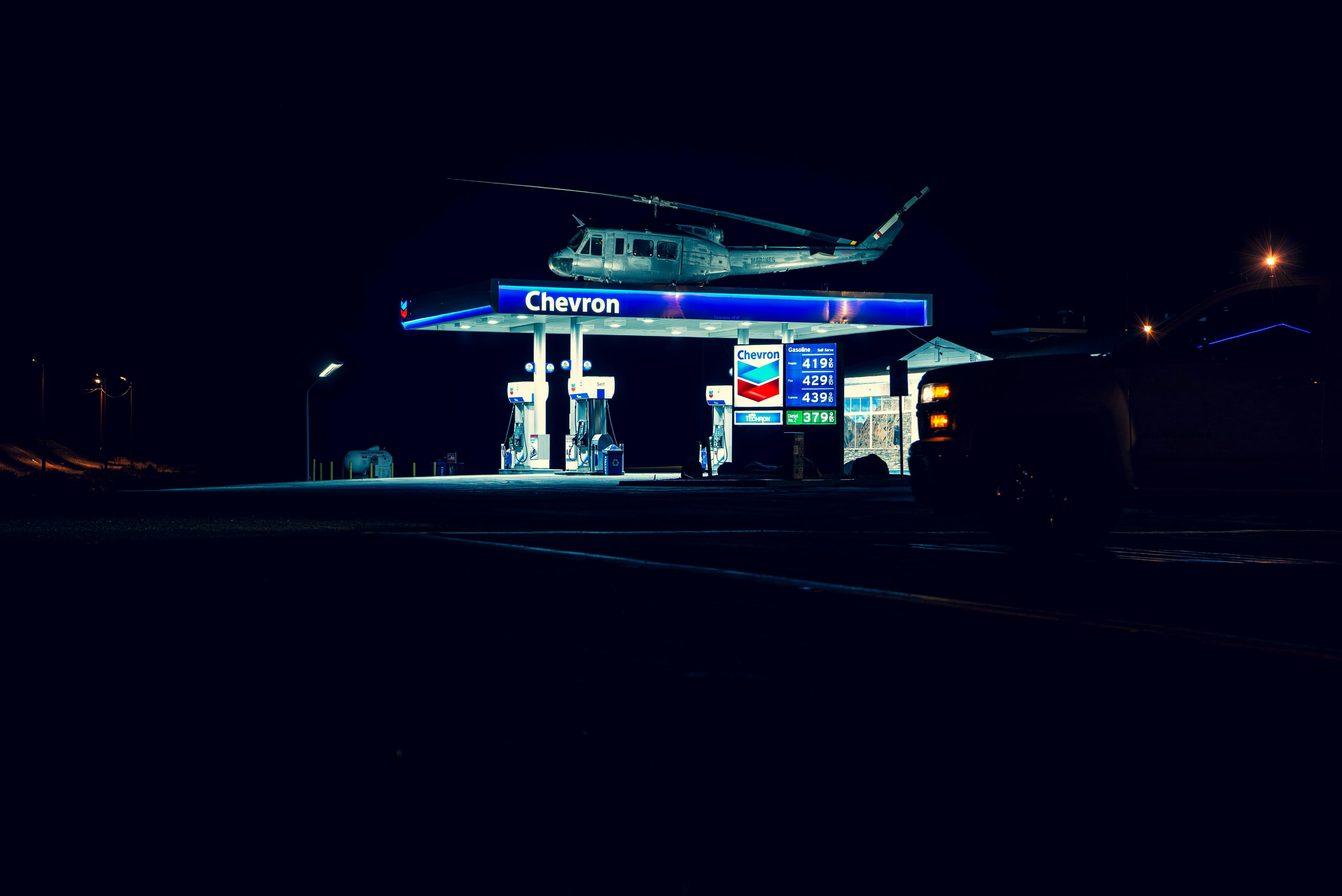 Chevron gas station at night