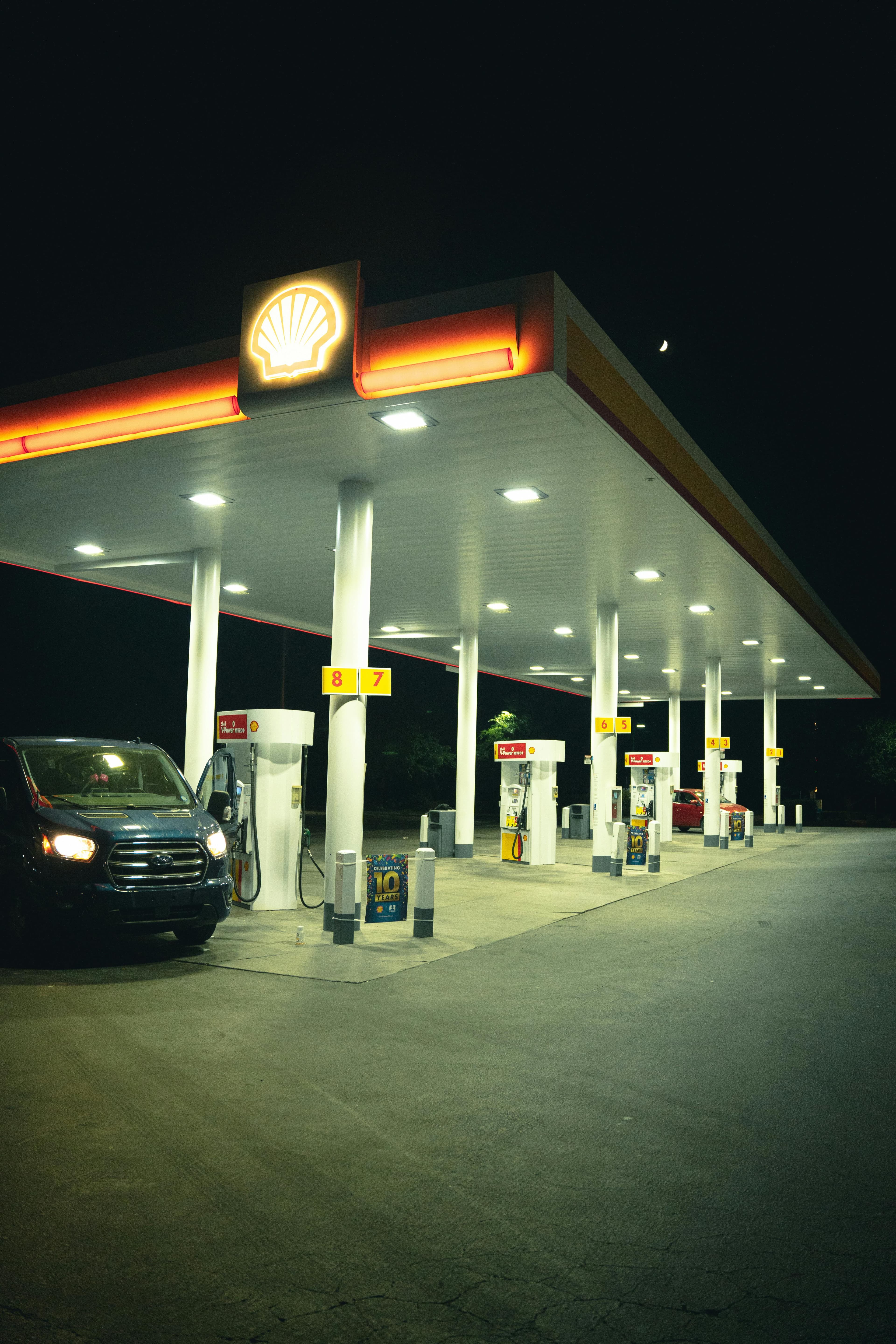 Shell gas station at night