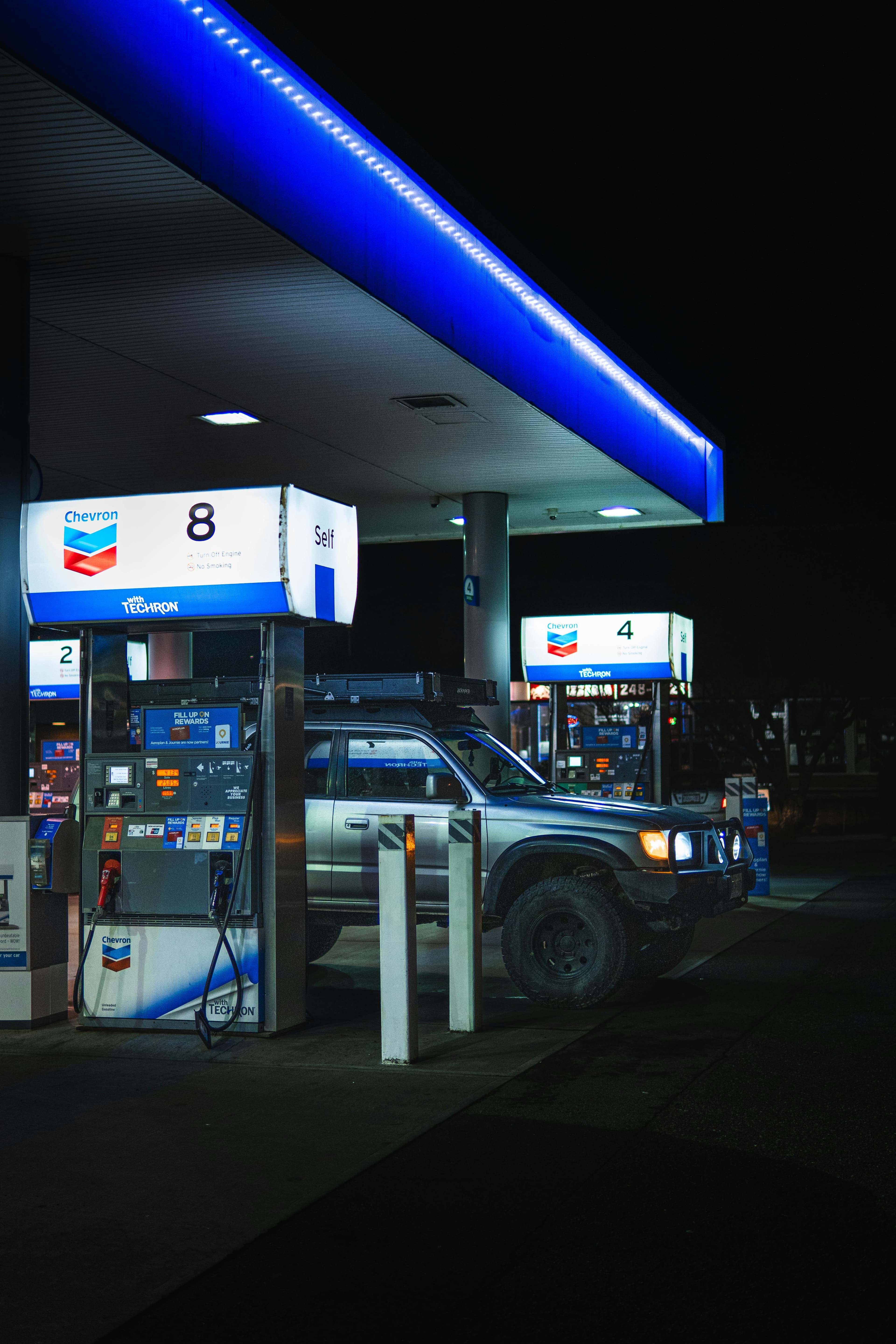 Chevron gas station close-up at night